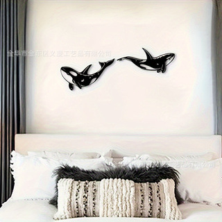 Kaheosaline mustast metallist mõõkvaala seinakunst, mitmeotstarbeline dekoratsioon elutuppa, magamistuppa ja vannituppa