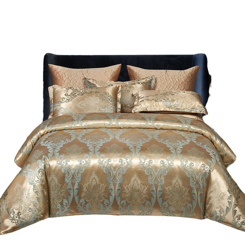 Europietiško stiliaus atlasinis žakardo keturių dalių komplektas užsienio prekybos tiekimui. Įvairių dydžių trijų dalių komplektas, viengulis antklodės užvalkalas, tiesioginė transliacija „WeChat“ verslo partijos pristatymas.