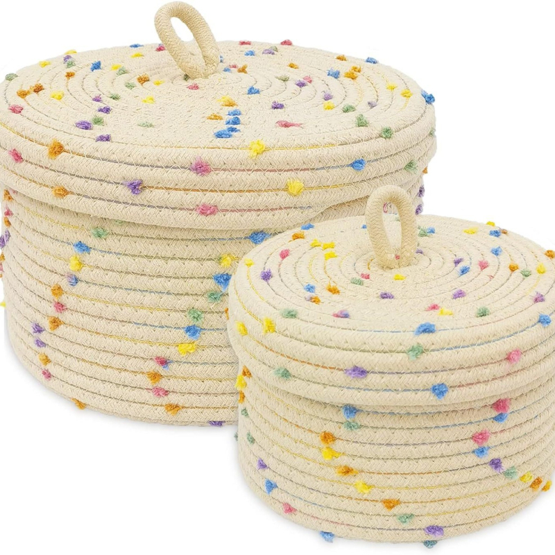 Színes pöttyös tárolókosár, szőtt asztali uzsonnásjáték-tárolókosár fedéllel, vegyes fehérnemű tároló kulcskikészítéssel