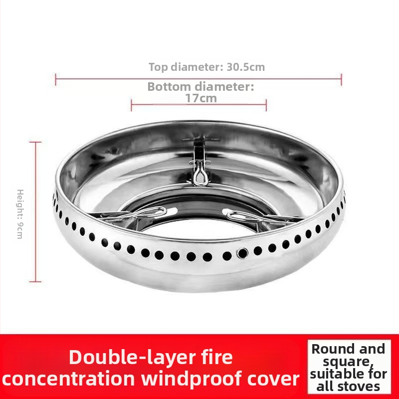 Nerūdijančio plieno vėjui nepralaidus dangtis, dvisluoksnis dujinės viryklės uždangalas, energiją taupantis židinio žiedas, dujinės viryklės laikiklis, vieno sluoksnio priedai, buitinė technika