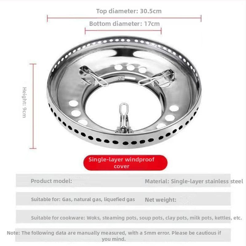 Nerūdijančio plieno vėjui nepralaidus dangtis, dvisluoksnis dujinės viryklės uždangalas, energiją taupantis židinio žiedas, dujinės viryklės laikiklis, vieno sluoksnio priedai, buitinė technika