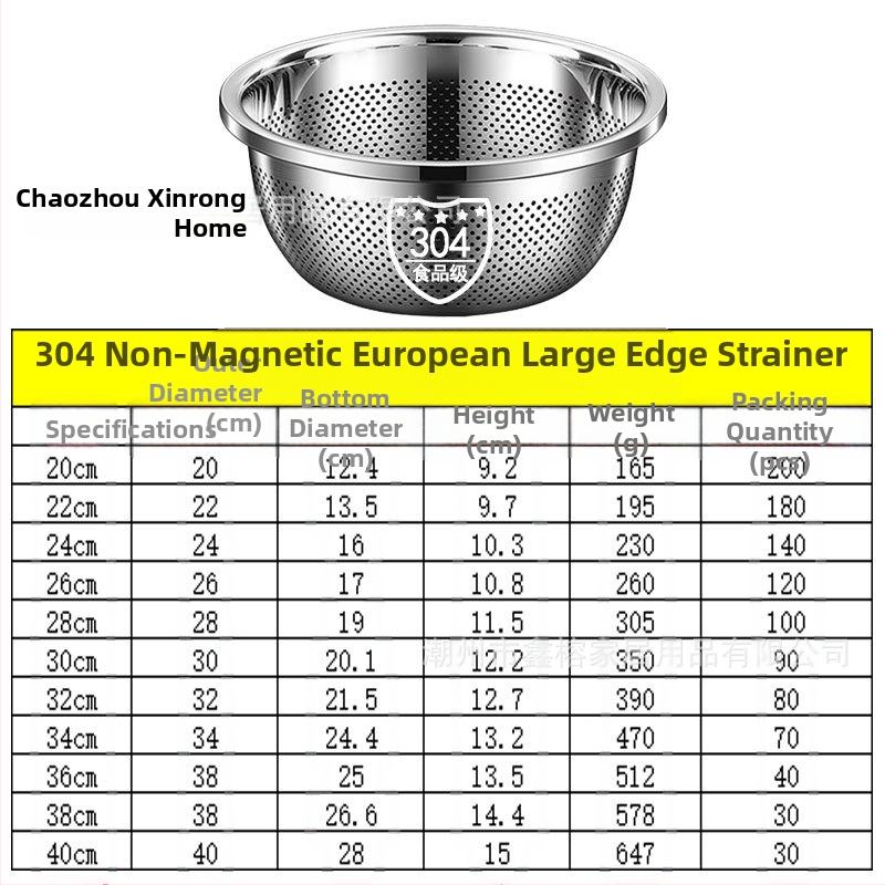 304 nerūdijančio plieno praustuvas, sustorintas ir daugiafunkcis praustuvas, praustuvas, daržovių praustuvas, kiaušinių dubuo, buitinis sriubos praustuvas