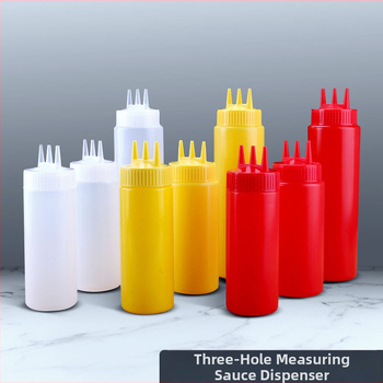 Trijų skylių pomidorų padažo išspaudimo butelis, plastikinis salaho butelis, išspaudimo butelis, padažo butelis, aukštos kokybės išspaudimo butelis, išspaudimo butelis, uogienės butelis