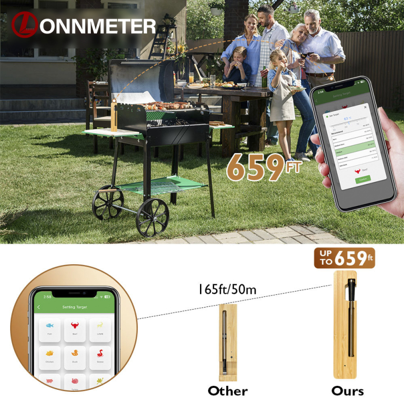 Belaidis „Bluetooth“ maisto termometras, atsparus vandeniui, nerūdijančio plieno, elektroninis virtuvės orkaitės, kepsninės, tikslios temperatūros matavimas