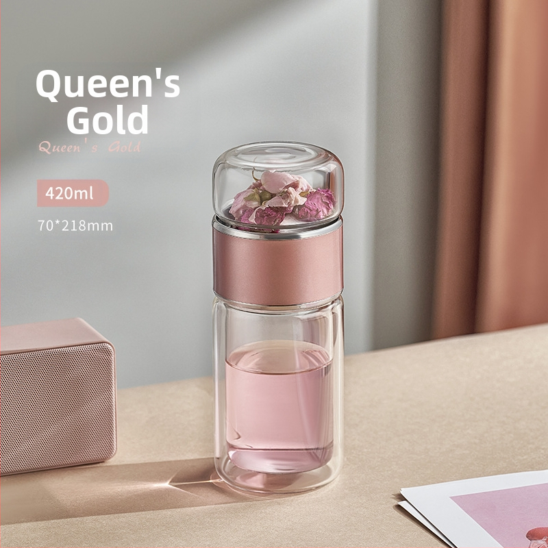 Teaszétválasztós teáscsésze virágos teáscsésze kétrétegű üveg női nettó piros aranyos hordozható vizespohár 2022 új csésze