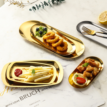 Kuldse paksendatud roostevabast terasest lääne restorani ovaalne kandik õhtusöögitaldrik puuviljamagustoidu suupistetaldrik grilltaldrik