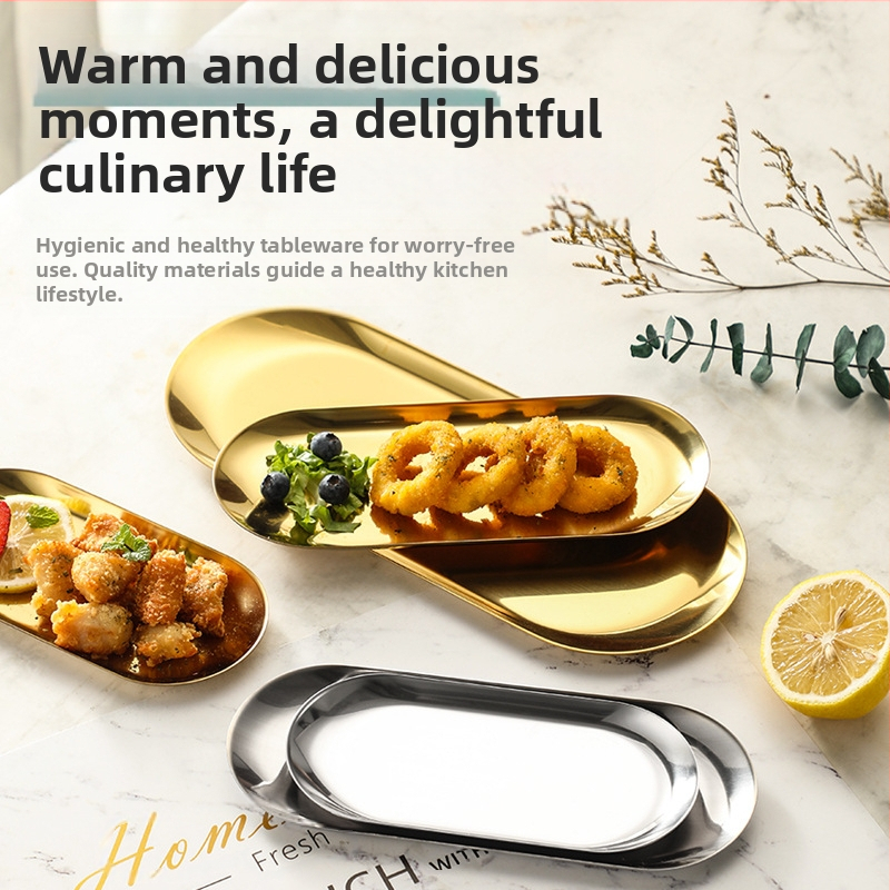 Kuldse paksendatud roostevabast terasest lääne restorani ovaalne kandik õhtusöögitaldrik puuviljamagustoidu suupistetaldrik grilltaldrik