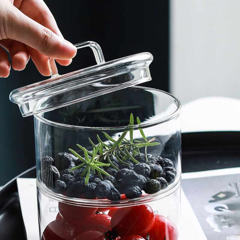 Прозрачна купа за закуски от високо боросиликатно стъкло за хол, подредена купа за кухня, многослоен буркан за съхранение на зърно