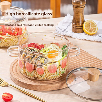 Γυάλινη κατσαρόλα σε σχήμα τουλίπας από υψηλό βοριοπυριτικό άλας, διαφανής ηλεκτρική κεραμική εστία, μπολ για νουντλς, επαγωγική εστία, ανθεκτική σε υψηλές θερμοκρασίες, με καπάκι και διπλές λαβές