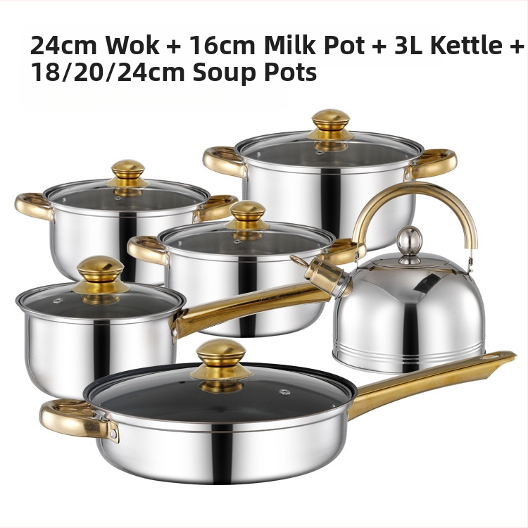 Διασυνοριακό σετ δώδεκα τεμαχίων με διπλό πάτο και παχύρρευστη κατσαρόλα, από ανοξείδωτο ατσάλι με μονή λαβή, κατσαρόλα με διπλό αυτί για σούπα, σετ έξι τεμαχίων για δώρο