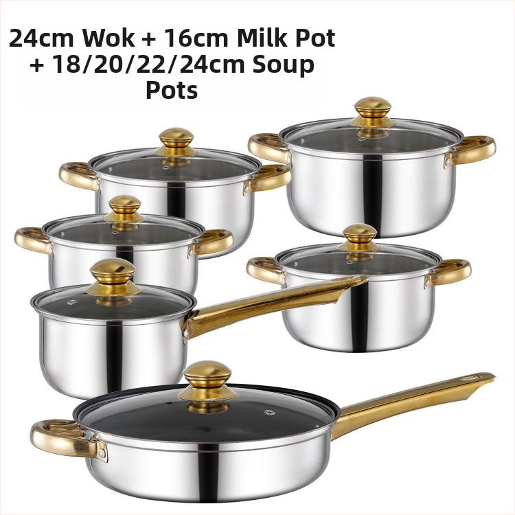 Διασυνοριακό σετ δώδεκα τεμαχίων με διπλό πάτο και παχύρρευστη κατσαρόλα, από ανοξείδωτο ατσάλι με μονή λαβή, κατσαρόλα με διπλό αυτί για σούπα, σετ έξι τεμαχίων για δώρο
