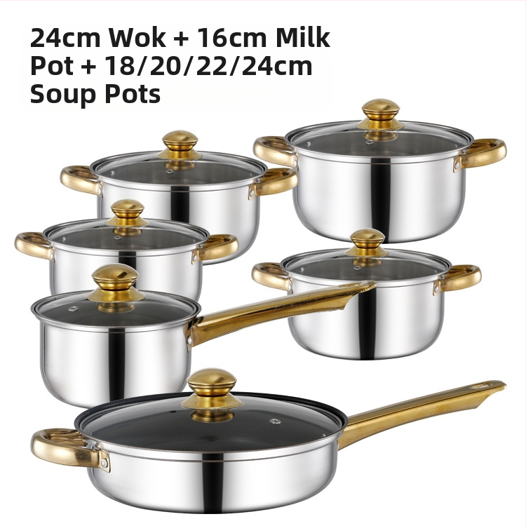 Διασυνοριακό σετ δώδεκα τεμαχίων με διπλό πάτο και παχύρρευστη κατσαρόλα, από ανοξείδωτο ατσάλι με μονή λαβή, κατσαρόλα με διπλό αυτί για σούπα, σετ έξι τεμαχίων για δώρο
