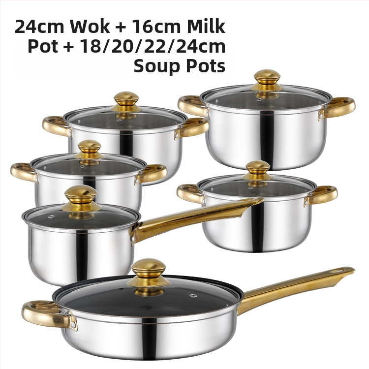 Διασυνοριακό σετ δώδεκα τεμαχίων με διπλό πάτο και παχύρρευστη κατσαρόλα, από ανοξείδωτο ατσάλι με μονή λαβή, κατσαρόλα με διπλό αυτί για σούπα, σετ έξι τεμαχίων για δώρο