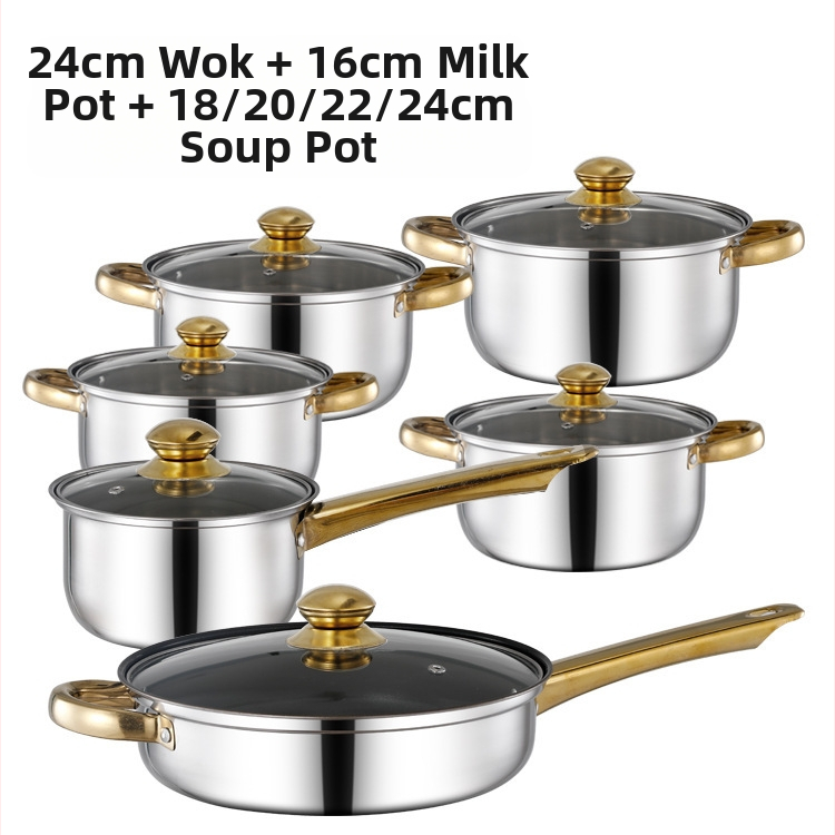 Διασυνοριακό σετ δώδεκα τεμαχίων με διπλό πάτο και παχύρρευστη κατσαρόλα, από ανοξείδωτο ατσάλι με μονή λαβή, κατσαρόλα με διπλό αυτί για σούπα, σετ έξι τεμαχίων για δώρο