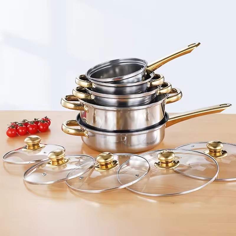 Διασυνοριακό σετ δώδεκα τεμαχίων με διπλό πάτο και παχύρρευστη κατσαρόλα, από ανοξείδωτο ατσάλι με μονή λαβή, κατσαρόλα με διπλό αυτί για σούπα, σετ έξι τεμαχίων για δώρο