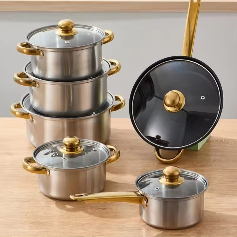 Διασυνοριακό σετ δώδεκα τεμαχίων με διπλό πάτο και παχύρρευστη κατσαρόλα, από ανοξείδωτο ατσάλι με μονή λαβή, κατσαρόλα με διπλό αυτί για σούπα, σετ έξι τεμαχίων για δώρο