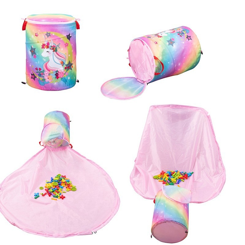 Oksfordo audinio apvalus žaislų laikymo krepšys su „Velcro“ užsegimu ir spalvotu žaidimų kilimėliu, 1428B