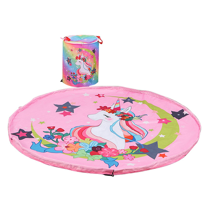 Oksfordo audinio apvalus žaislų laikymo krepšys su „Velcro“ užsegimu ir spalvotu žaidimų kilimėliu, 1428B