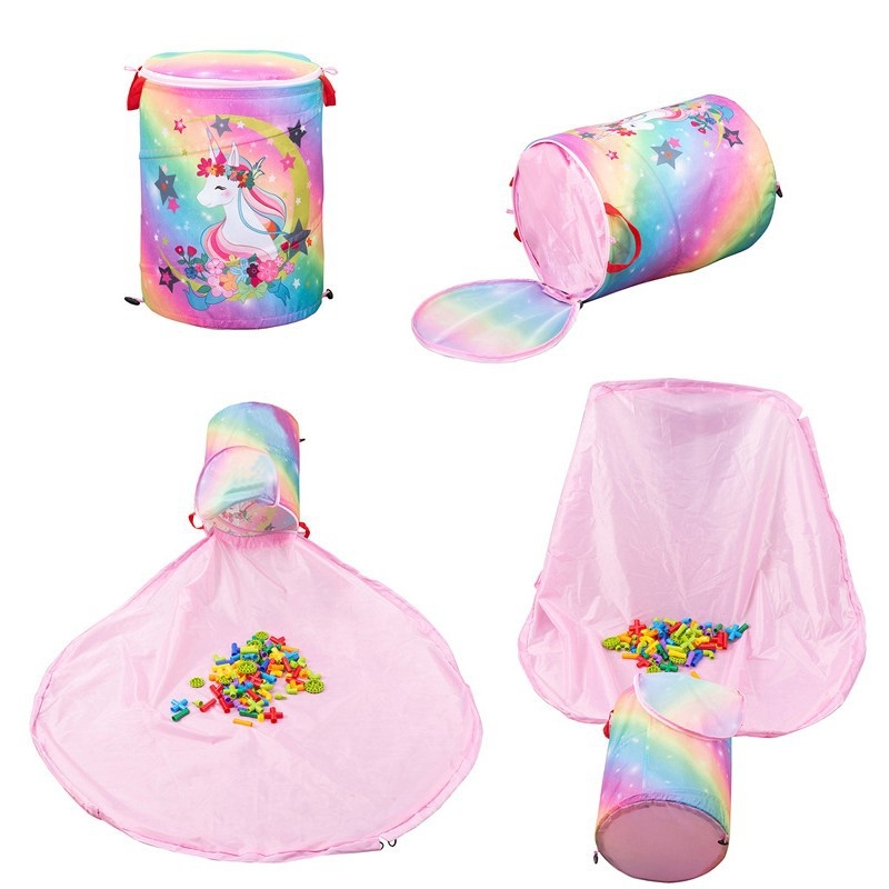 Oksfordo audinio apvalus žaislų laikymo krepšys su „Velcro“ užsegimu ir spalvotu žaidimų kilimėliu, 1428B