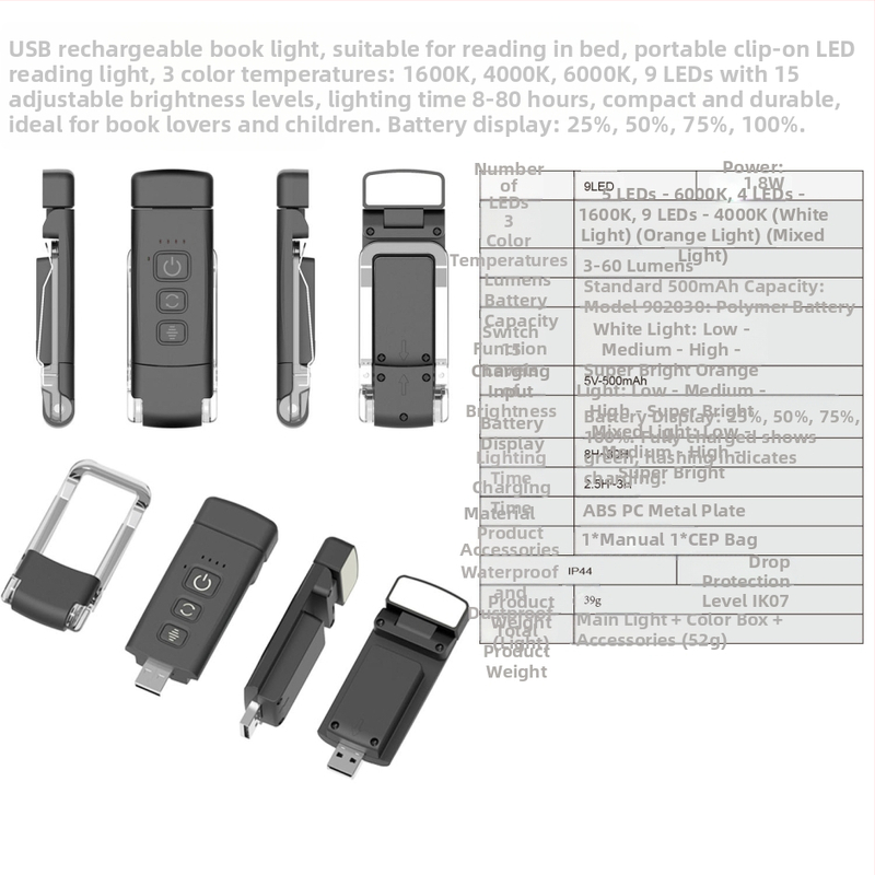 Нова нощна лампа с щипка за четене на книги с USB зареждане, преносима настолна лампа, защита на очите, мини LED лампа за книги с карти