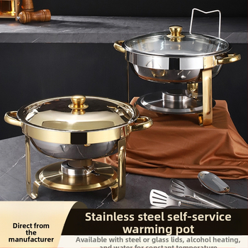 Nerūdijančio plieno sulankstoma valgomojo viryklė, apvali, auksinė, CHAFING DISH, viso dydžio bufeto šildytuvas su sulankstomu rėmu