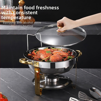 Nerūdijančio plieno sulankstoma valgomojo viryklė, apvali, auksinė, CHAFING DISH, viso dydžio bufeto šildytuvas su sulankstomu rėmu