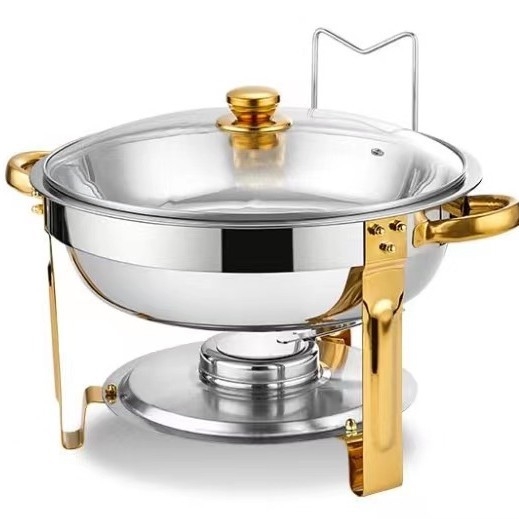 Nerūdijančio plieno sulankstoma valgomojo viryklė, apvali, auksinė, CHAFING DISH, viso dydžio bufeto šildytuvas su sulankstomu rėmu