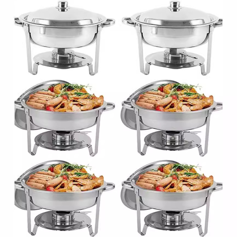 Nerūdijančio plieno sulankstoma valgomojo viryklė, apvali, auksinė, CHAFING DISH, viso dydžio bufeto šildytuvas su sulankstomu rėmu