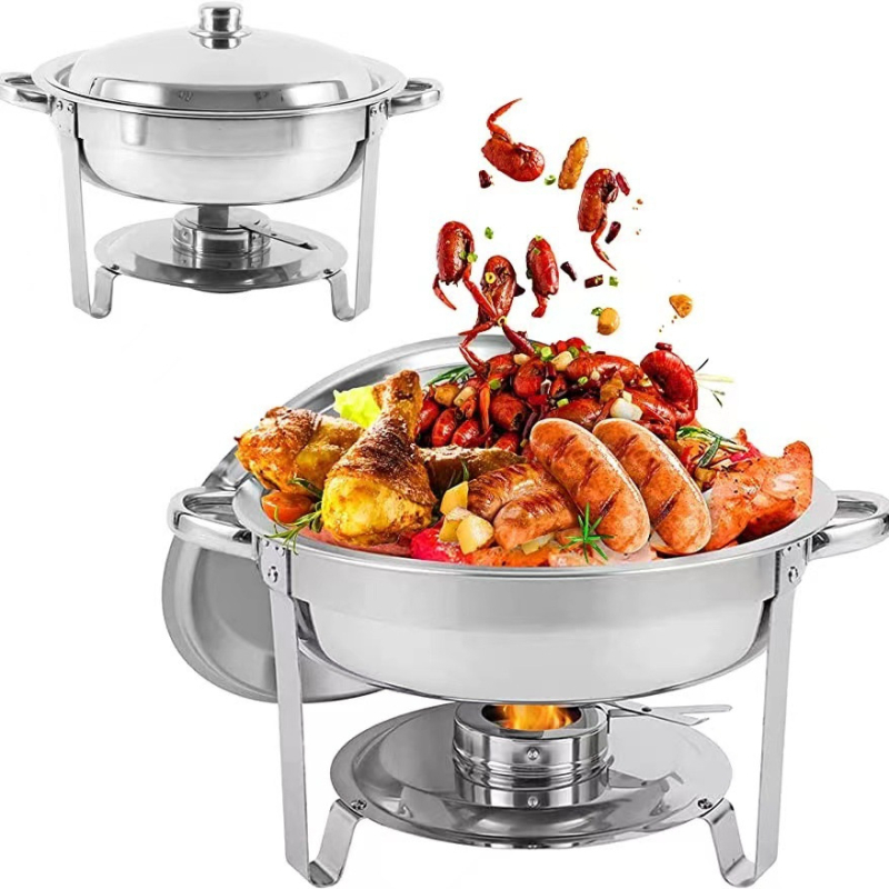 Nerūdijančio plieno sulankstoma valgomojo viryklė, apvali, auksinė, CHAFING DISH, viso dydžio bufeto šildytuvas su sulankstomu rėmu