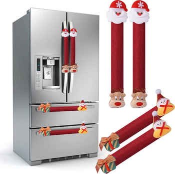 Kalėdinių dekoracijų lininės 4 dalių šaldytuvo pirštinės su animaciniu Kalėdų Senelio paveikslu, mikrobangų krosnelės rankenėlių rinkinys