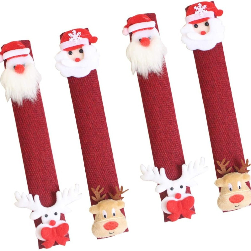 Kalėdinių dekoracijų lininės 4 dalių šaldytuvo pirštinės su animaciniu Kalėdų Senelio paveikslu, mikrobangų krosnelės rankenėlių rinkinys