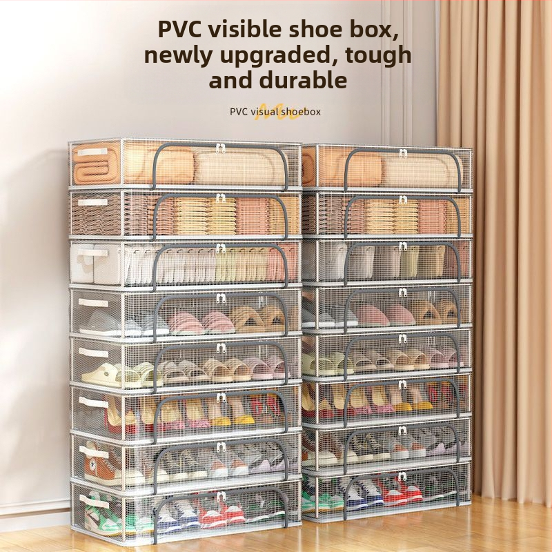Нова кутия за обувки с двойна врата, прозрачна мрежеста кутия за обувки, сгъваема поставка за обувки, шкаф за обувки за легло в общежитието