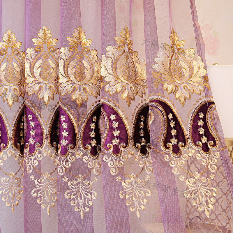 ZQ nová zamatová výšivka obývacia izba balkón štúdia reštaurácia európska fialová povrchová úprava vila od podlahy až po strop okenná záclona