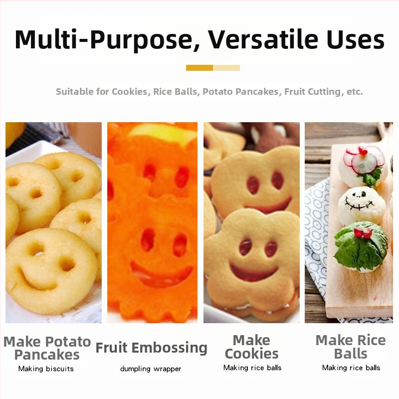 Комплект от 4 формички за бисквитки от неръждаема стомана с форма на усмихнато лице и формичка за плодове, комплект инструменти за домашно печене, формичка за бисквитки