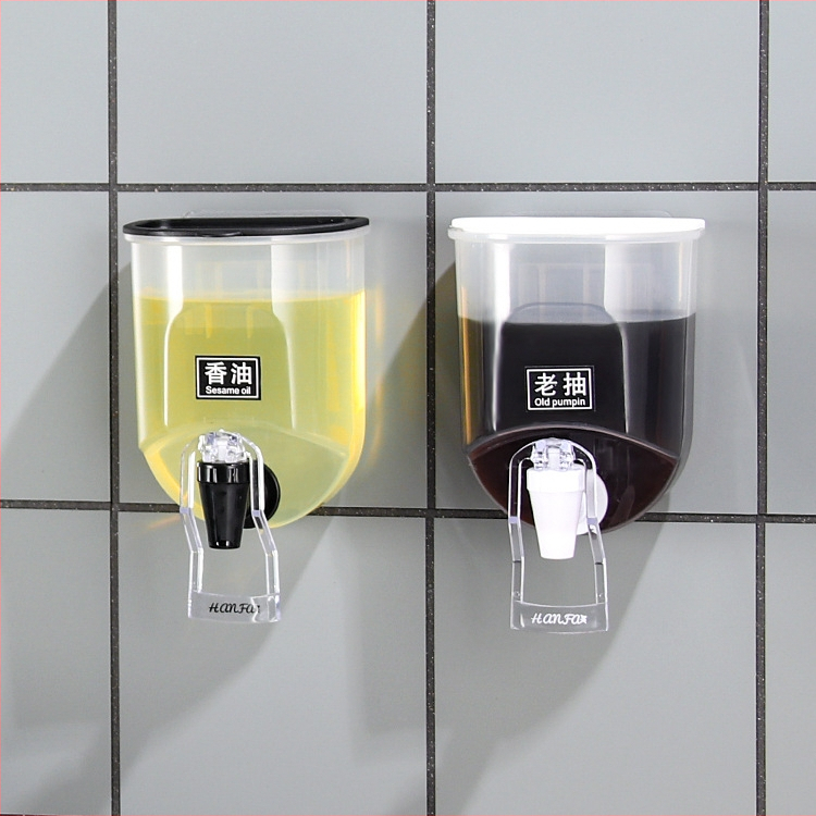 2022 Пластмасов стенен диспенсър за масло без пробиване, кухненски съд за съхранение с капак, кран тип преса, тенджера за наливане на масло, модерен минималистичен стил
