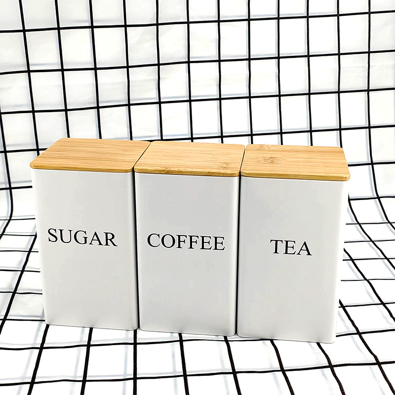 Bambusest kaanega raudkarbi ruudukujuline purk Lihtne sisestus Euroopa ja Ameerika stiilis kohvikommide teepurk Tinplate suletud pakendiga metallpurk