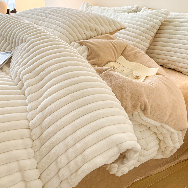 Žieminis sutirštintas triušio pliušinis keturių dalių komplektas, prieinamas prabangus koralų pieno spalvos aksominis patalynės užvalkalas, flanelinė vilnonė antklodė, paklodės, viengulės paklodės