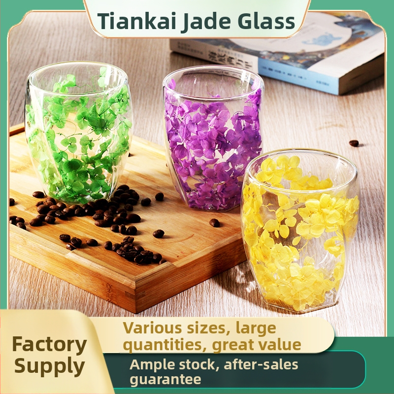 Трансгранична продажба на едро на високо боросиликатна чаша, прозрачна чаша за мляко, сок, кафе, спирална чаша, стъклена чаша с истинско цвете, двуслойна чаша