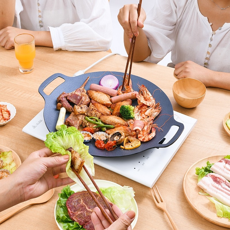 Sütőtálca kültéri kerek Maifan kő tapadásmentes kemping karton típusú sütőtálca kereskedelmi grillezett hal háztartási koreai barbecue grilltálca