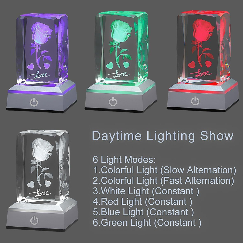 Krištolinis kubas, rožių gėlė, „Amazon Cross-Border Aliexpress 3D“ didmeninė prekyba, spalvinga šviečianti pagrindo krištolo lempa, krištolinis akmuo