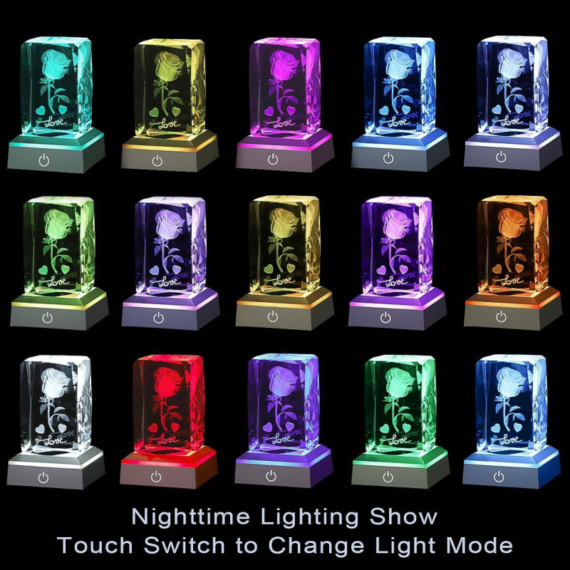 Krištolinis kubas, rožių gėlė, „Amazon Cross-Border Aliexpress 3D“ didmeninė prekyba, spalvinga šviečianti pagrindo krištolo lempa, krištolinis akmuo