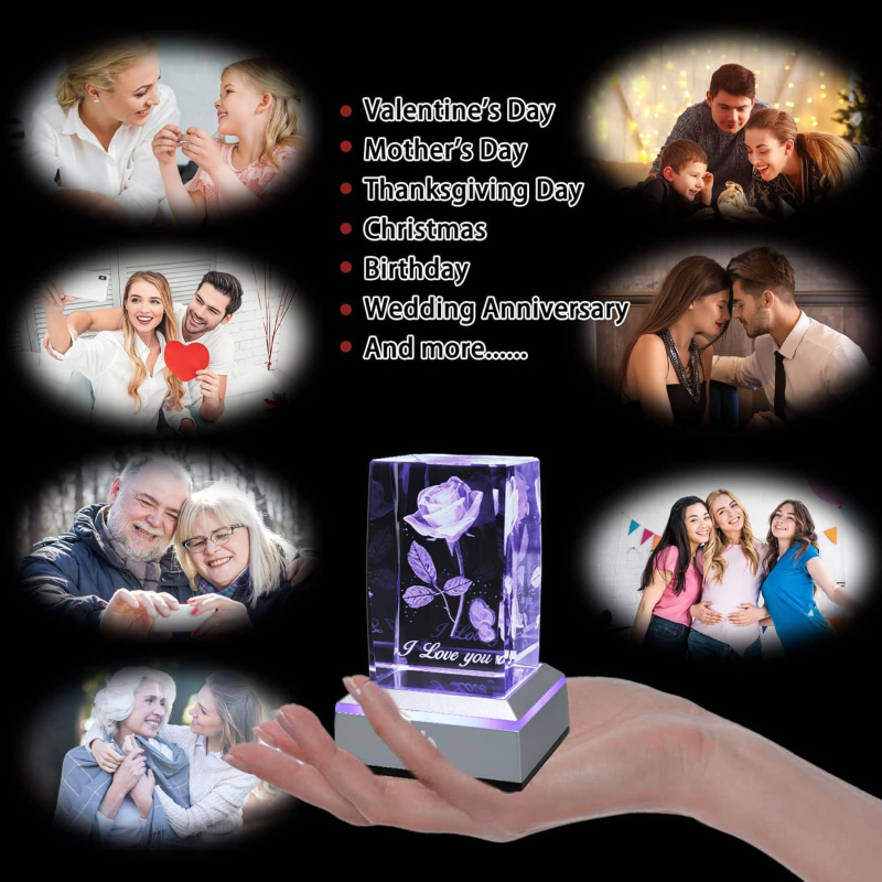 Krištolinis kubas, rožių gėlė, „Amazon Cross-Border Aliexpress 3D“ didmeninė prekyba, spalvinga šviečianti pagrindo krištolo lempa, krištolinis akmuo