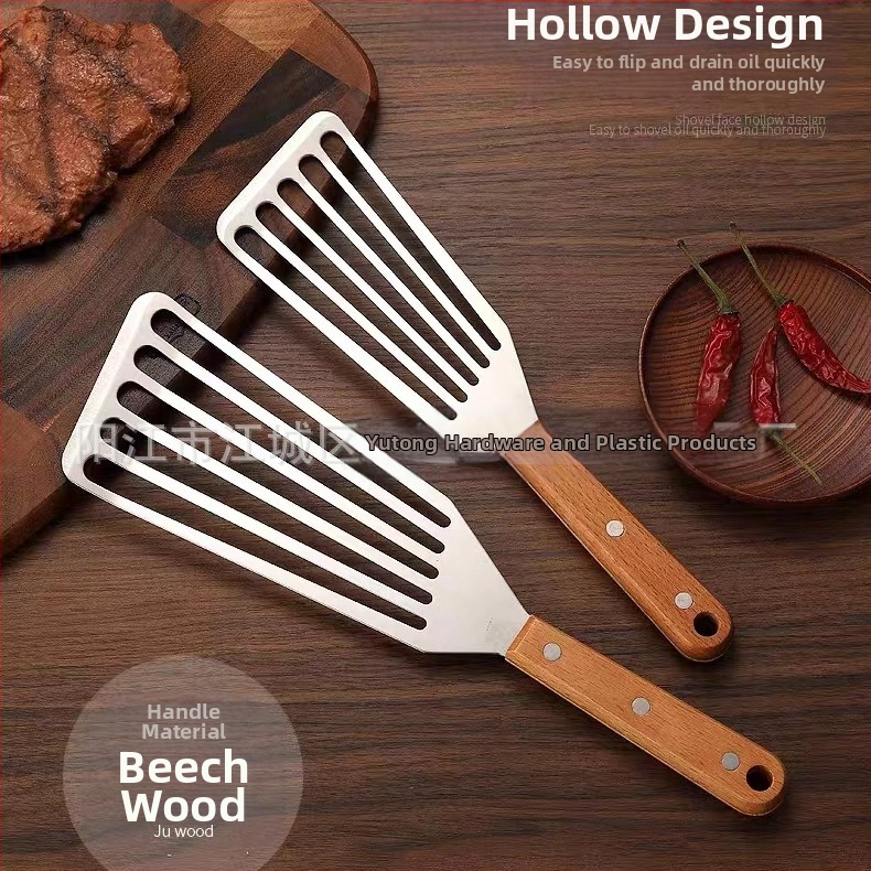 Лопатка за пържена риба от неръждаема стомана, лопатка за пържоли, домакинска пържена пържена разлята лопата с дървена дръжка, пластмасова лопата за готвене, лопата за готвене, кухненски инструменти