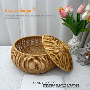 Gyümölcsös, kerek, rattanból készült uzsonnáskosár, fedéllel, tárolókosár, ékszer- és kozmetikai játéktároló doboz, rattanból készült, kék