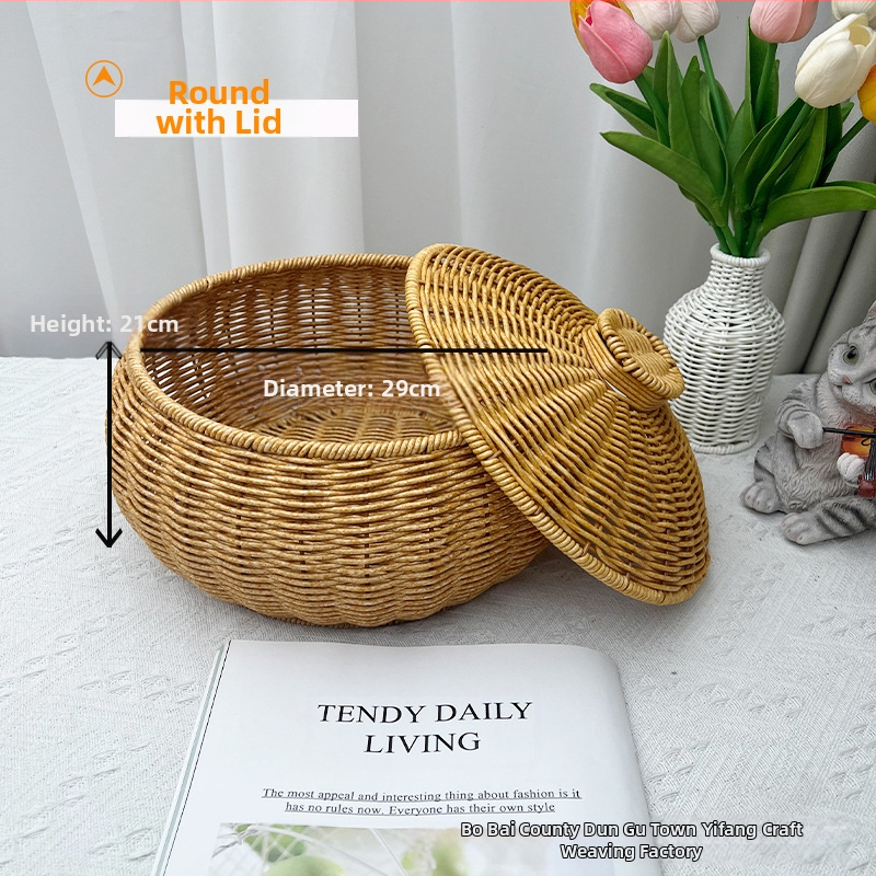 Gyümölcsös, kerek, rattanból készült uzsonnáskosár, fedéllel, tárolókosár, ékszer- és kozmetikai játéktároló doboz, rattanból készült, kék