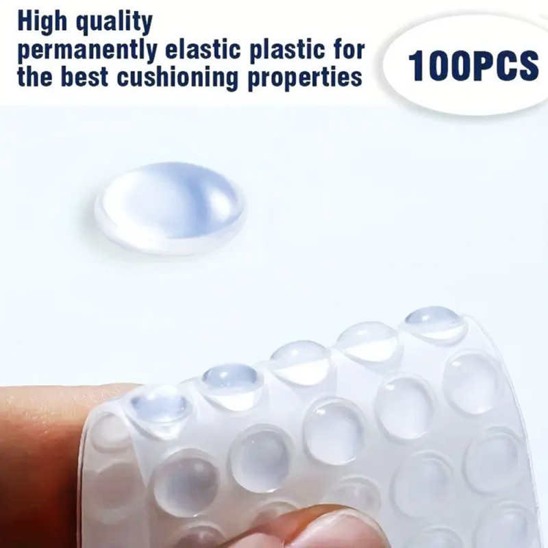 1 leht 100 läbipaistvast isekleepuvast osakesest, mis on kleebitud mööblile, kapile, toolile, jalapadjale, summutav kokkupõrkevastane silikoontihend