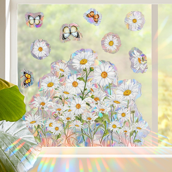 XC2011 Šviežių ramunėlių, saulėgrąžų, drugelio, saulės šviesos, spalvingas elektrostatinis stiklo lipdukas, dvipusis matomas