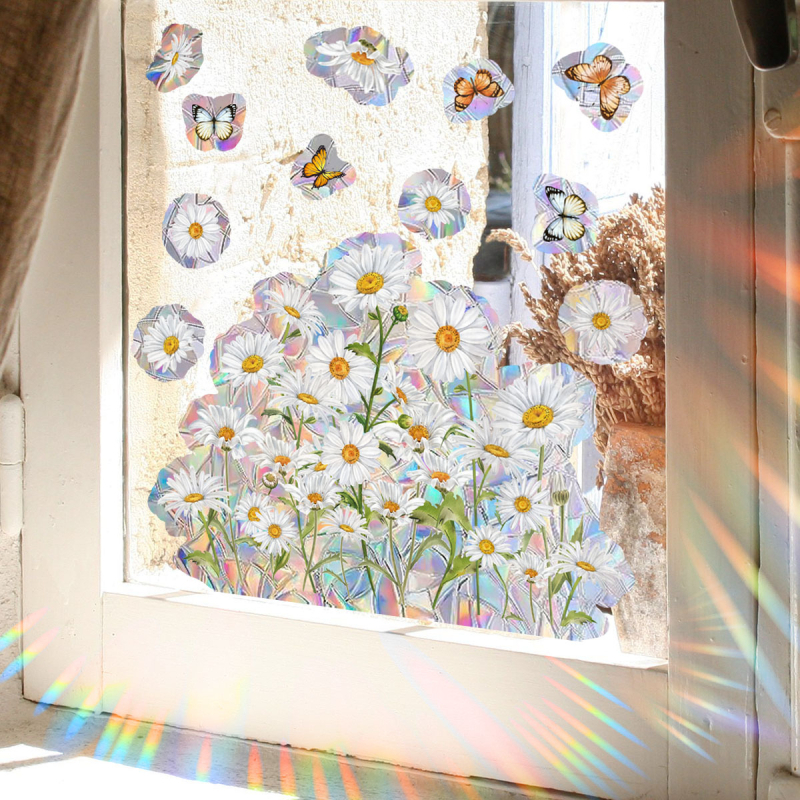 XC2011 Šviežių ramunėlių, saulėgrąžų, drugelio, saulės šviesos, spalvingas elektrostatinis stiklo lipdukas, dvipusis matomas