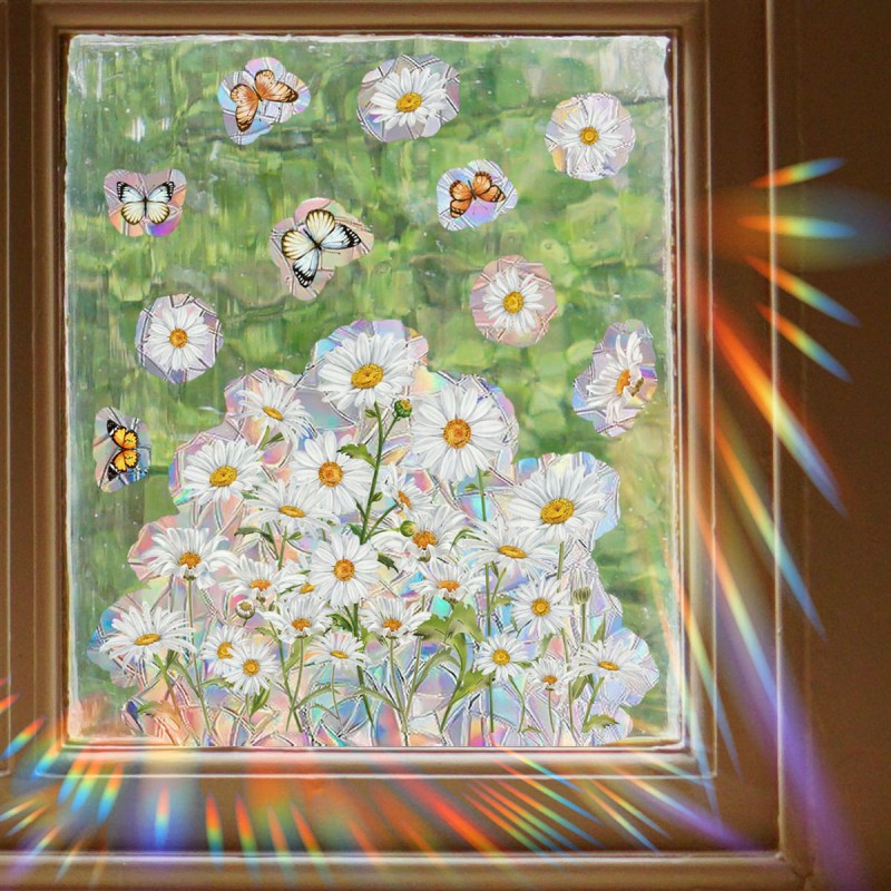 XC2011 Šviežių ramunėlių, saulėgrąžų, drugelio, saulės šviesos, spalvingas elektrostatinis stiklo lipdukas, dvipusis matomas
