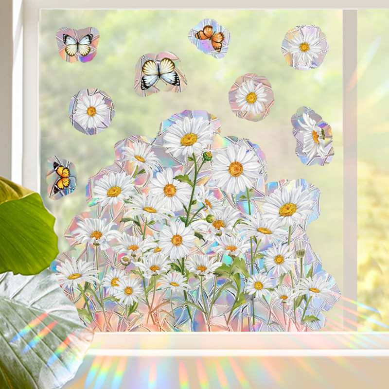 XC2011 Šviežių ramunėlių, saulėgrąžų, drugelio, saulės šviesos, spalvingas elektrostatinis stiklo lipdukas, dvipusis matomas